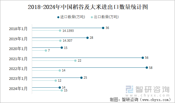2024年1月中国稻谷及大米进出口数量分别为14万吨和15万吨(图3)
